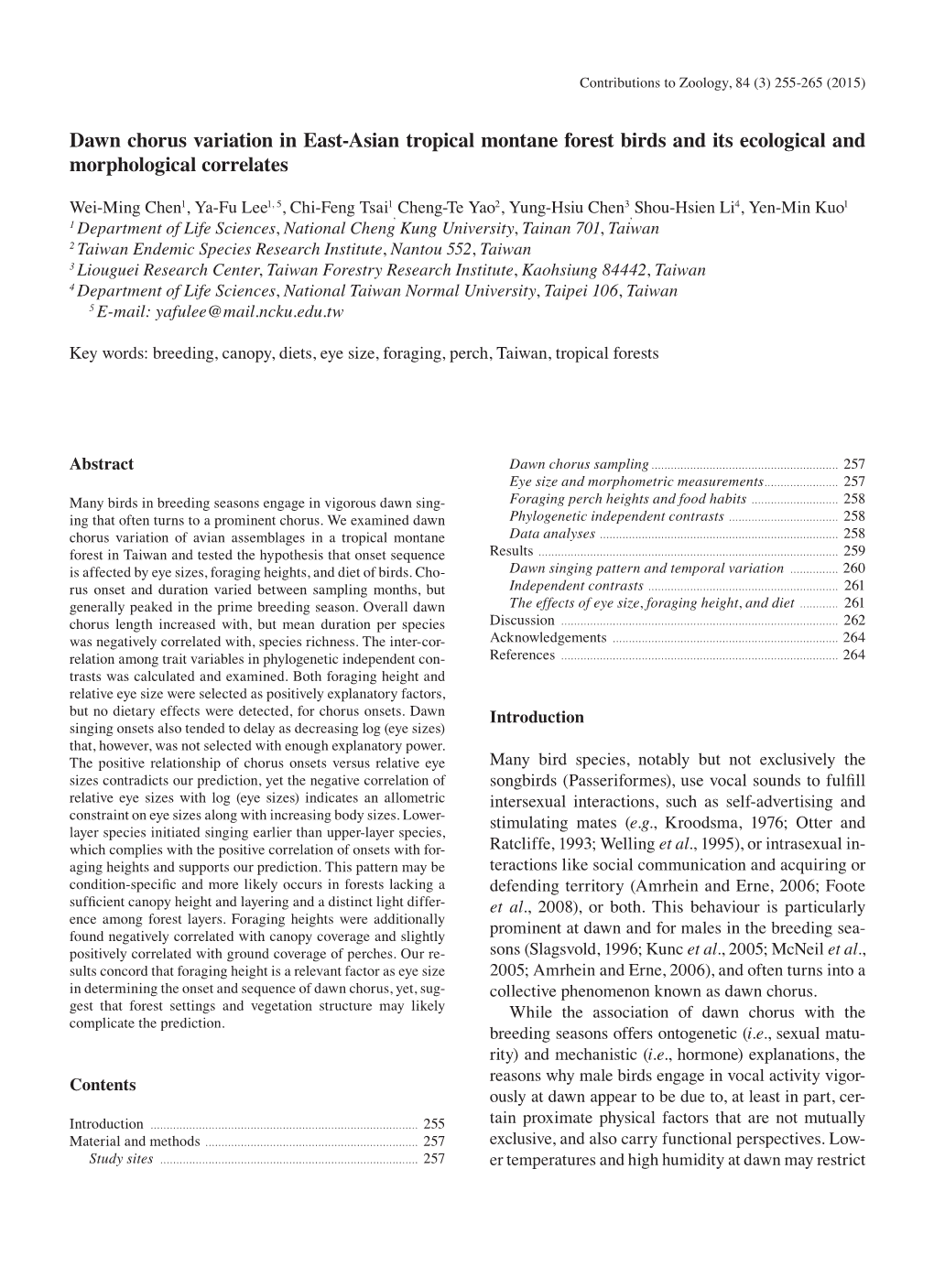 Dawn Chorus Variation in East-Asian Tropical Montane Forest Birds and Its Ecological and Morphological Correlates