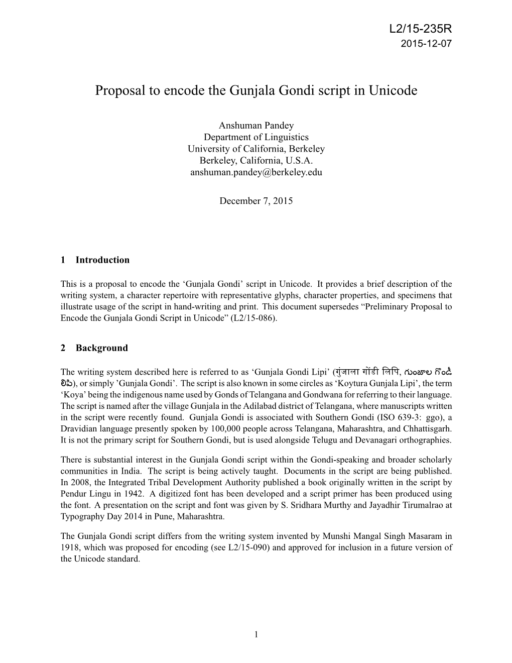 Proposal to Encode the Gunjala Gondi Script in Unicode