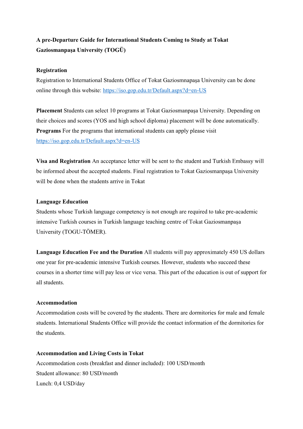 A Pre-Departure Guide for International Students Coming to Study at Tokat Gaziosmanpaşa University (TOGÜ)