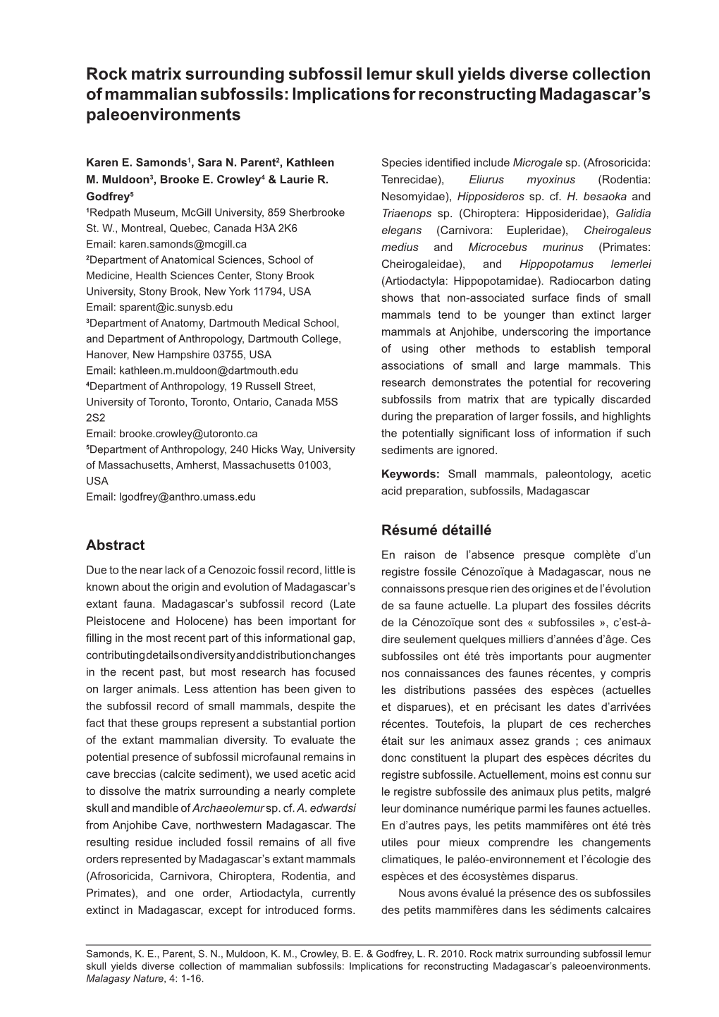 Rock Matrix Surrounding Subfossil Lemur Skull Yields Diverse Collection of Mammalian Subfossils: Implications for Reconstructing Madagascar’S Paleoenvironments