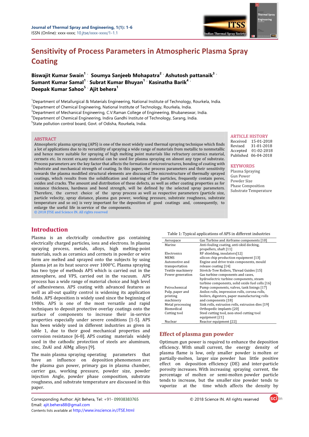 Sensitivity of Process Parameters in Atmospheric Plasma Spray Coating