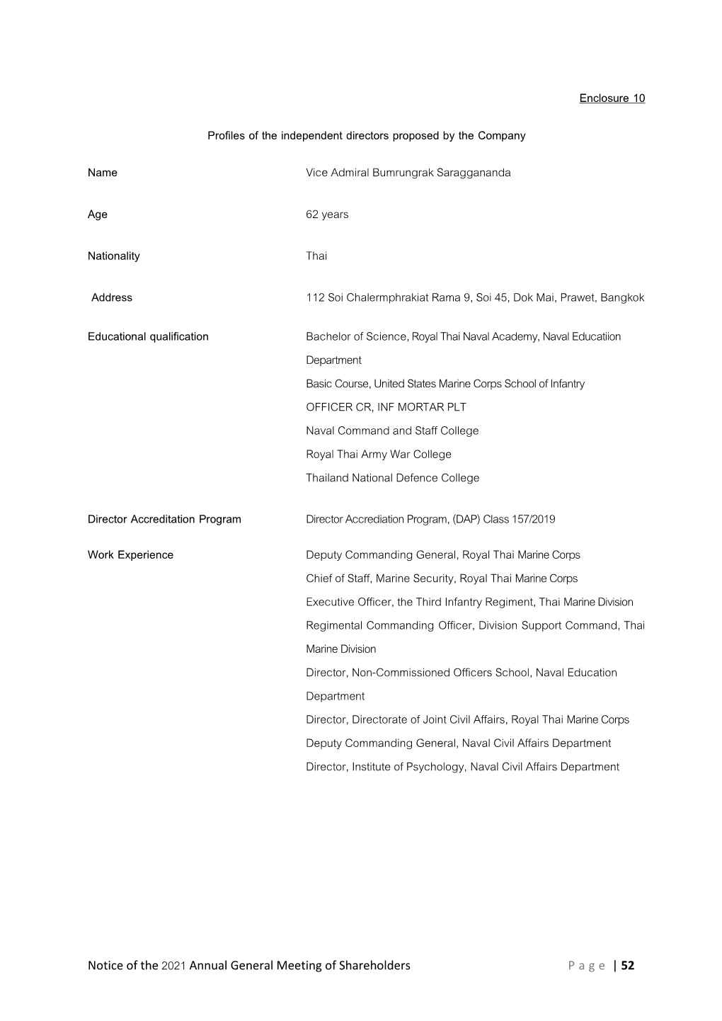 Enclosure 10 Profiles of the Independent Directors Proposed By