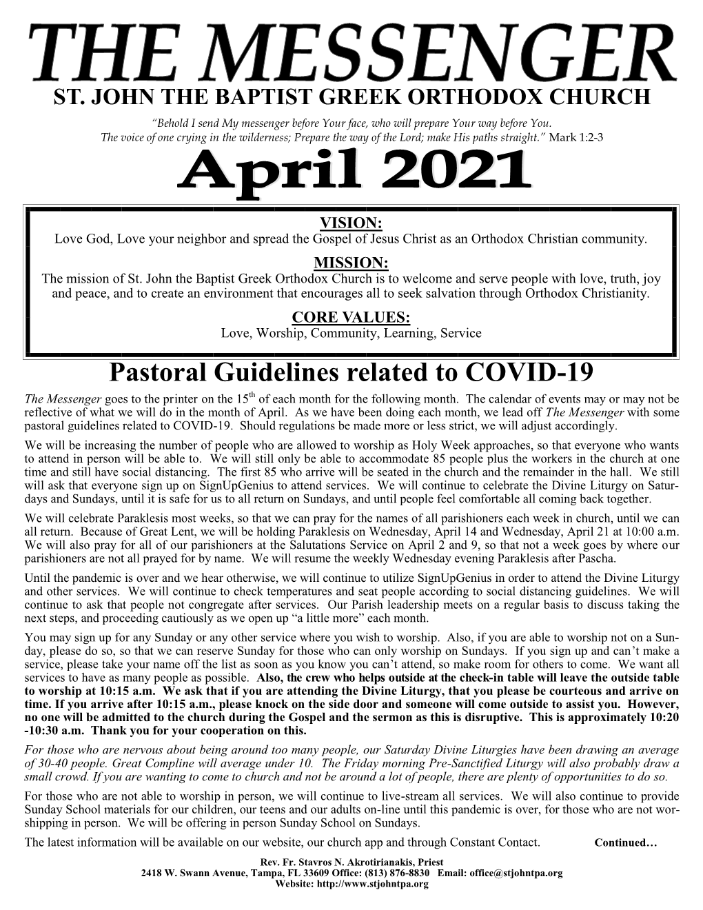 Pastoral Guidelines Related to COVID-19 the Messenger Goes to the Printer on the 15Th of Each Month for the Following Month