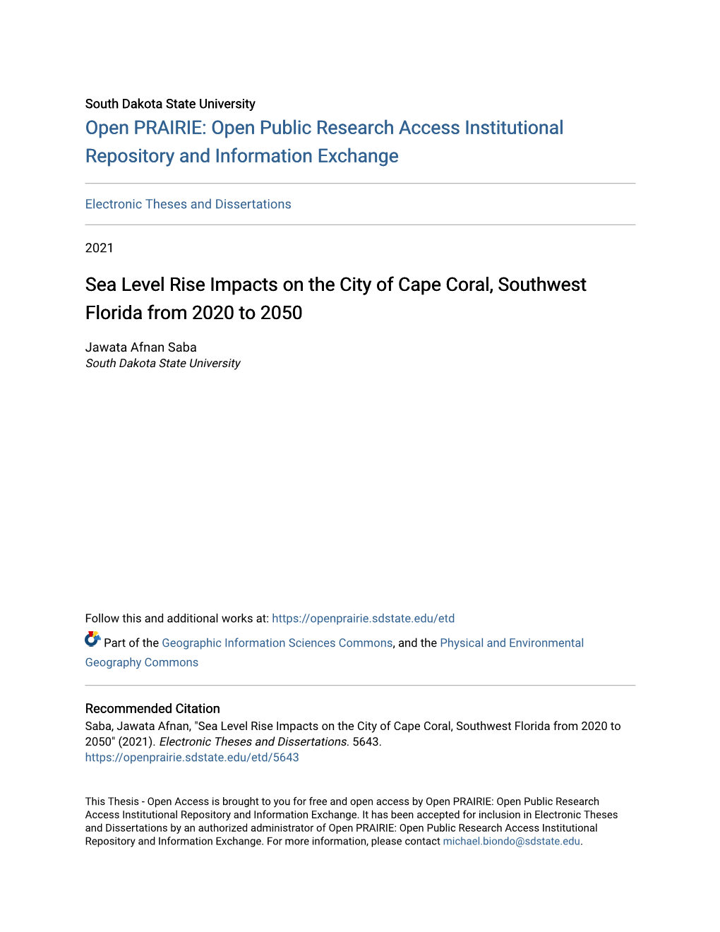 Sea Level Rise Impacts on the City of Cape Coral, Southwest Florida from 2020 to 2050