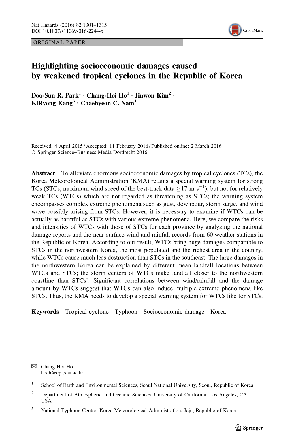 Highlighting Socioeconomic Damages Caused by Weakened Tropical Cyclones in the Republic of Korea