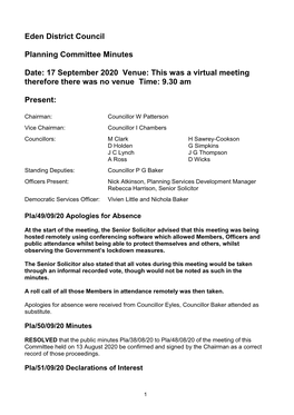Minutes Document for Planning Committee, 17/09/2020 09:30