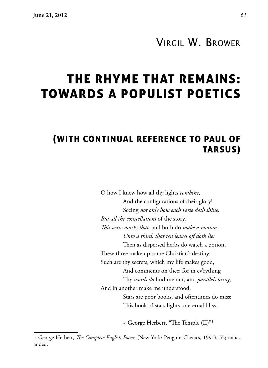 The Rhyme That Remains: Towards a Populist Poetics