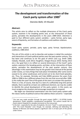 The Development and Transformation of the Czech Party System After 19891 Stanislav Balík, Vít Hloušek