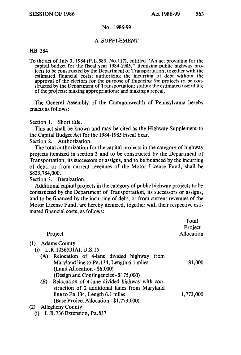 SESSION of 1986 Act 1986-99 563 No