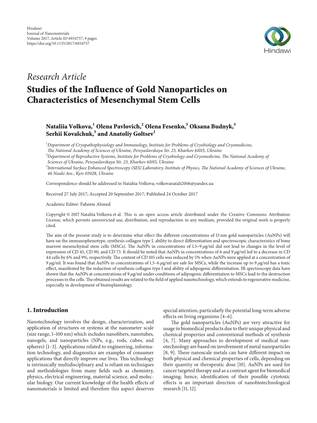 Research Article Studies of the Influence of Gold Nanoparticles on Characteristics of Mesenchymal Stem Cells