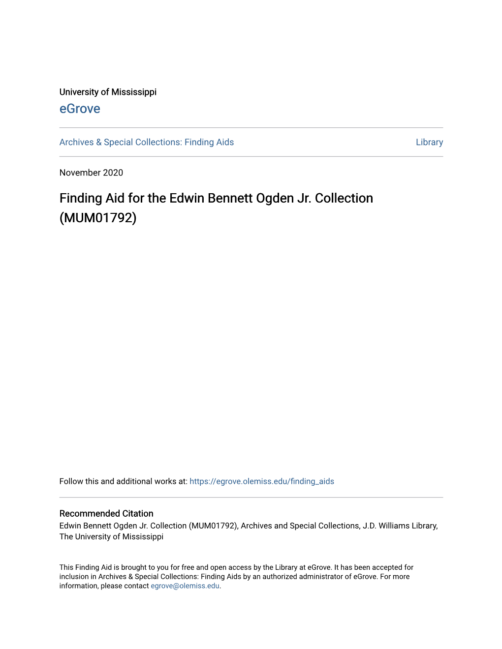 Finding Aid for the Edwin Bennett Ogden Jr. Collection (MUM01792)