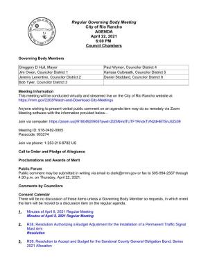 Regular Governing Body Meeting City of Rio Rancho AGENDA April 22, 2021 6:00 PM Council Chambers