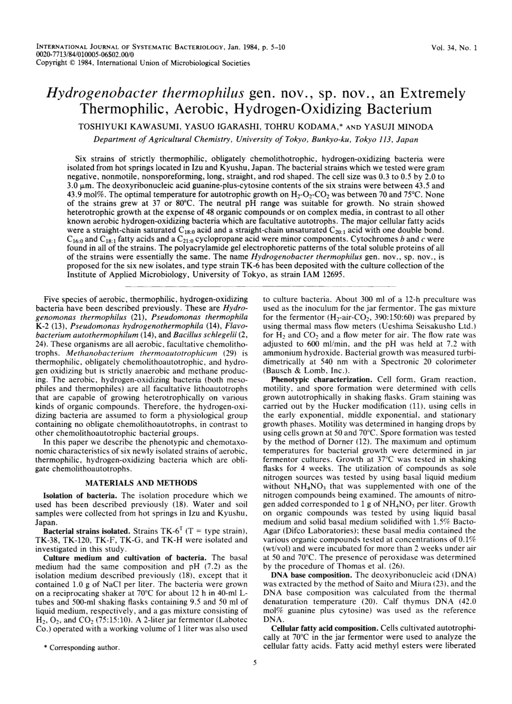 Hydrogenobacter Thermophilus Gen. Nov. , Sp. Nov. , an Extremely Thermophilic, Aerobic, Hydrogen-Oxidizing Bacterium
