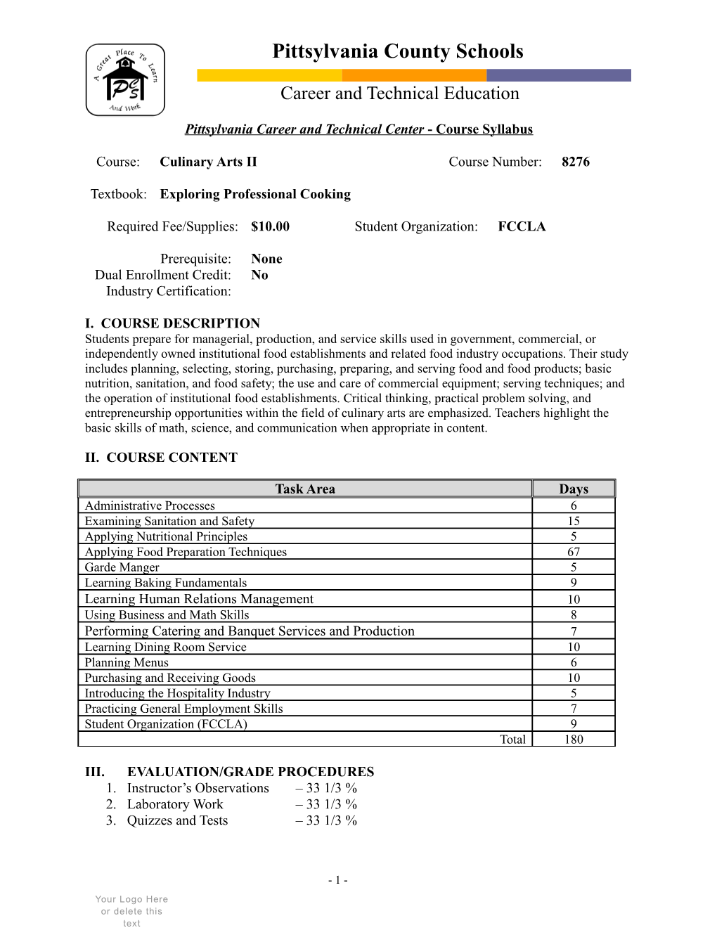 Pittsylvania Career and Technical Center - Course Syllabus