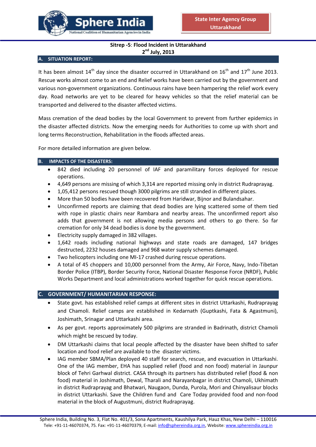 State Inter Agency Group Uttarakhand Sitrep