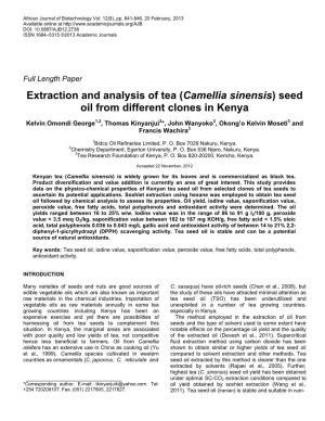 Extraction and Analysis of Tea (Camellia Sinensis) Seed Oil from Different Clones in Kenya