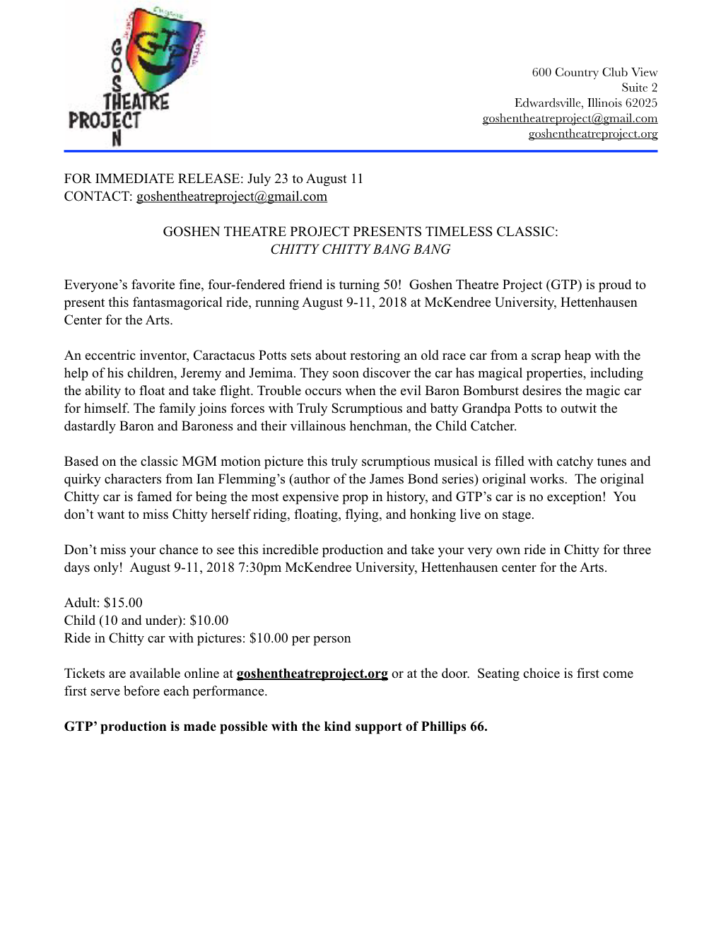 Chitty Chitty Bang Bang Press Release