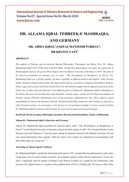 Dr. Allama Iqbal Tehreek-E Mashraqia, and Germany Dr