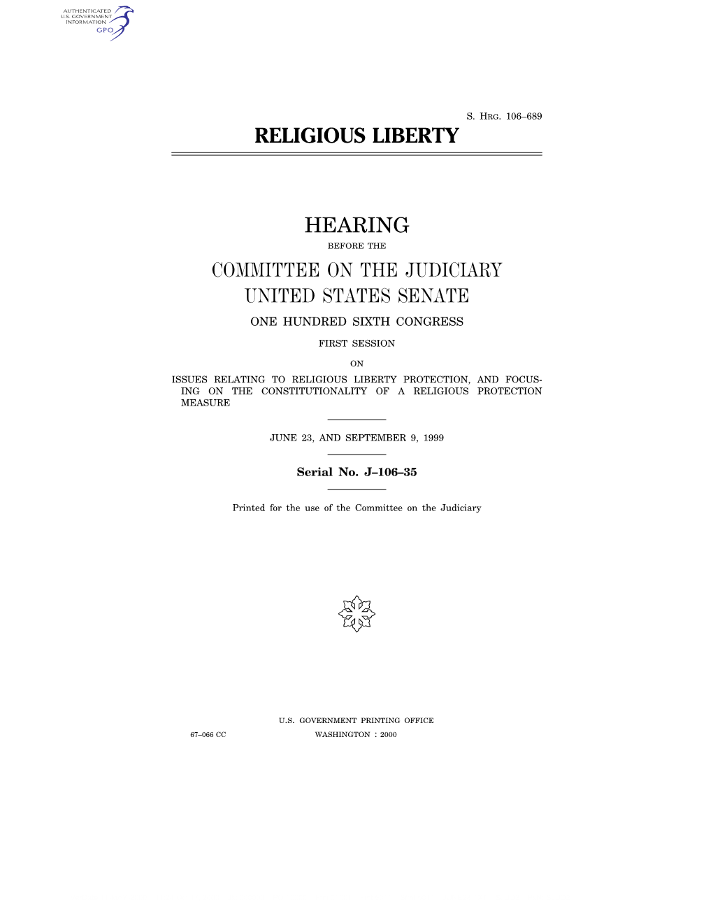 Religious Liberty Hearing Committee on the Judiciary