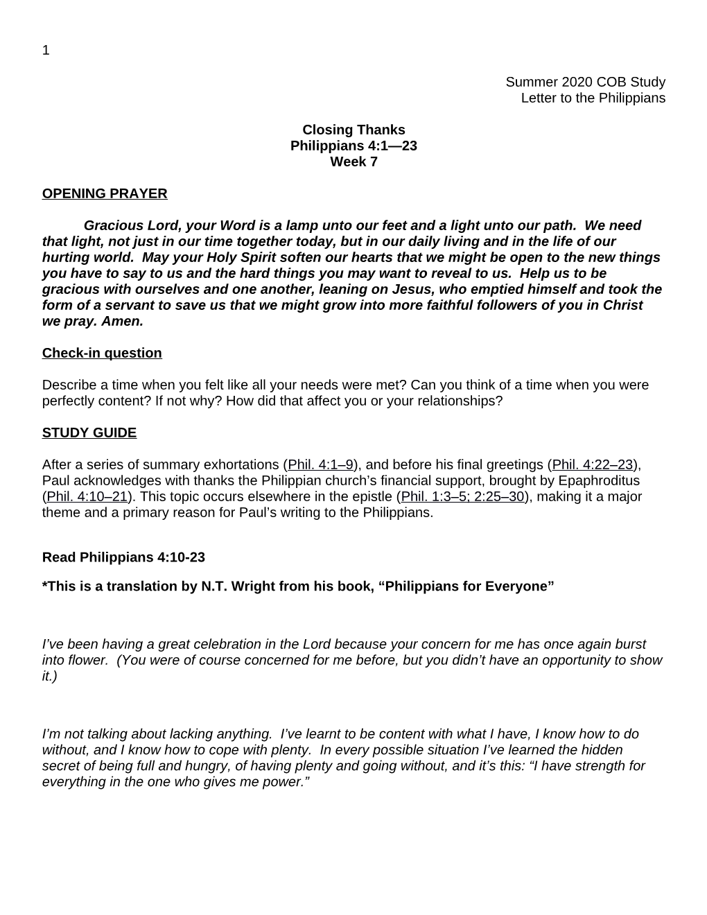 1 Summer 2020 COB Study Letter to the Philippians Closing Thanks