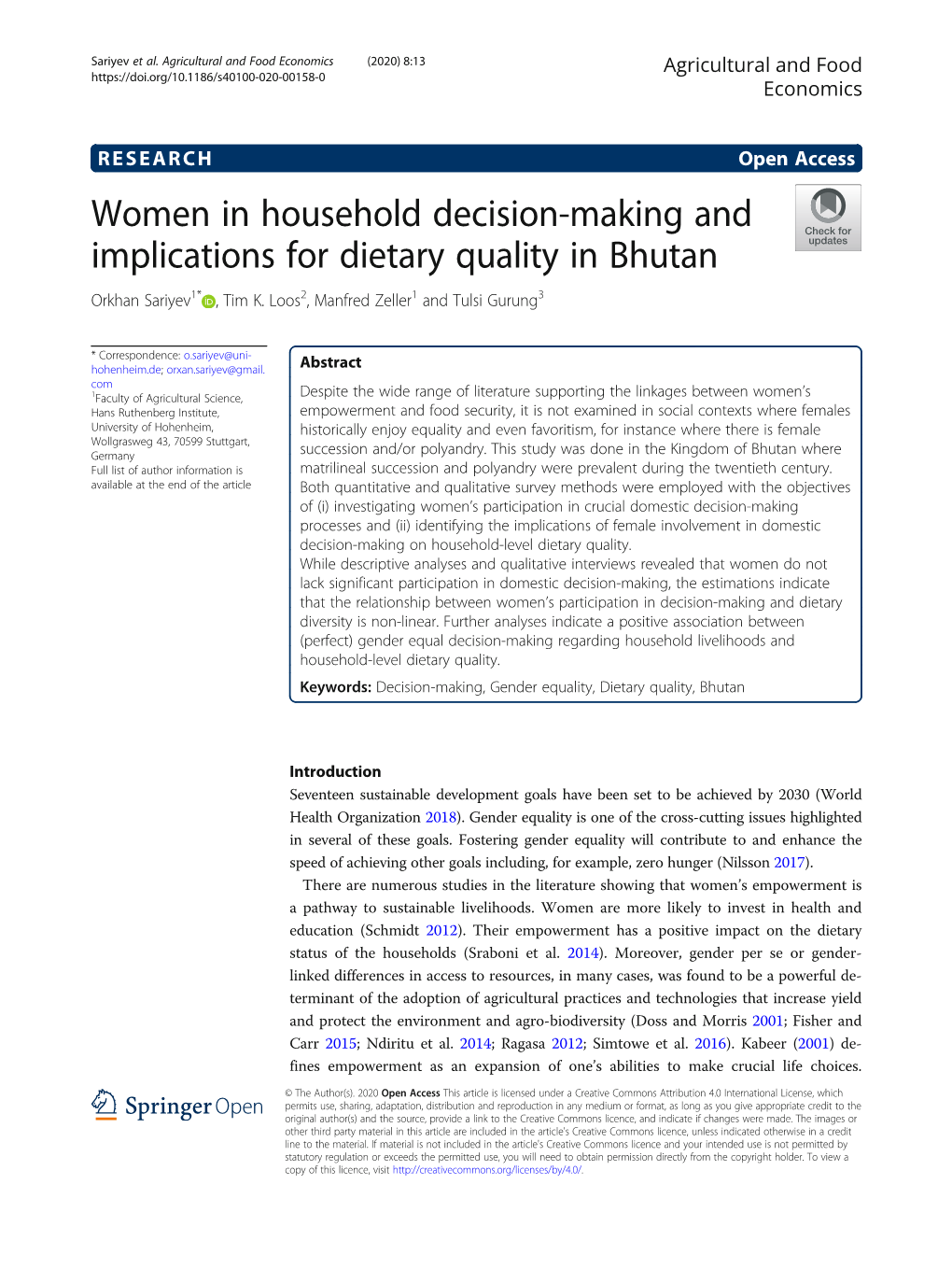 Women in Household Decision-Making and Implications for Dietary Quality in Bhutan Orkhan Sariyev1* , Tim K