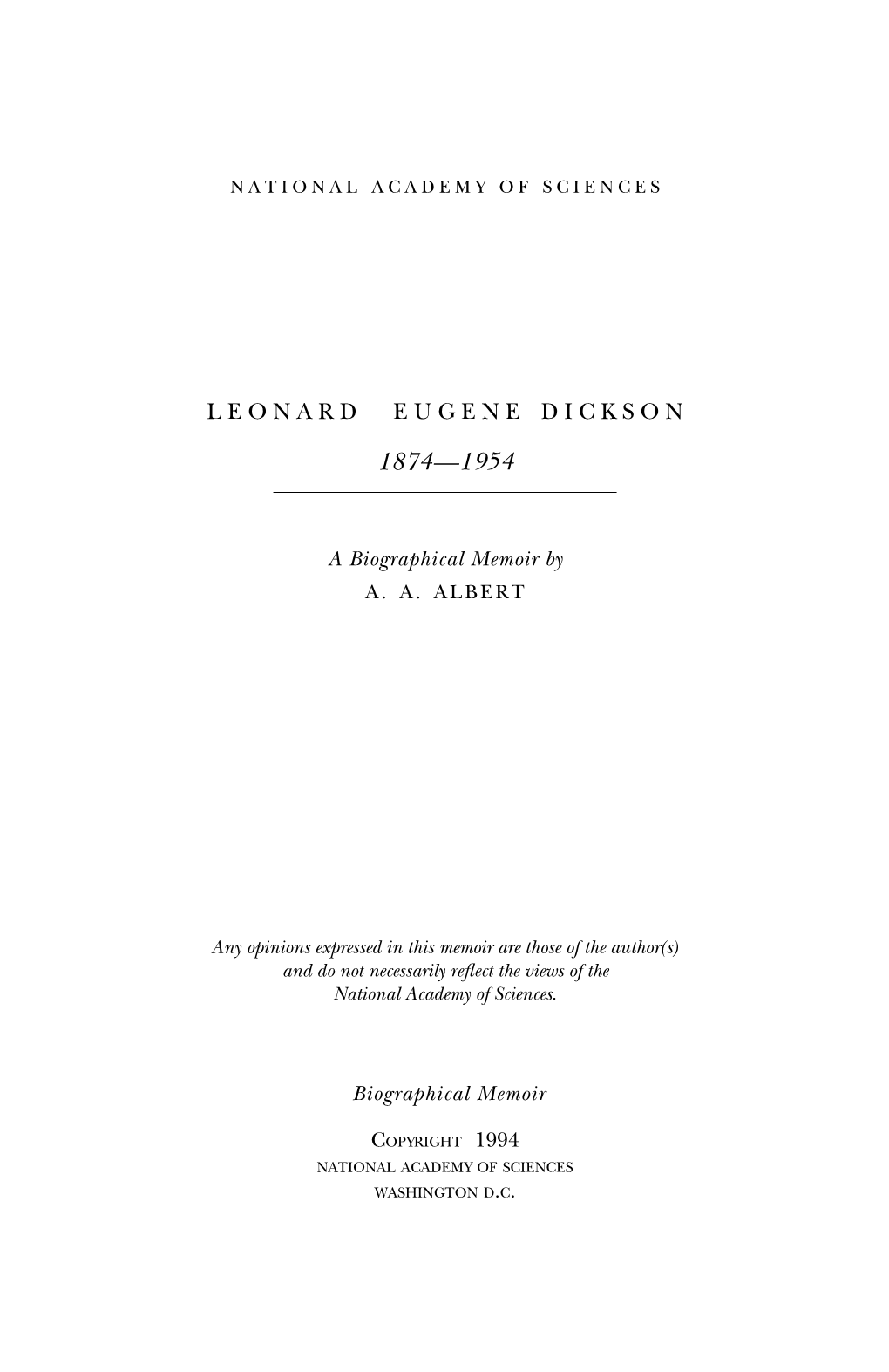 LEONARD EUGENE DICKSON January 22, 1874-January 17, 1954