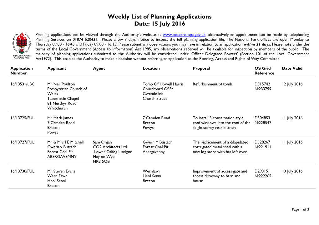 Weekly List of Planning Applications Date: 15 July 2016