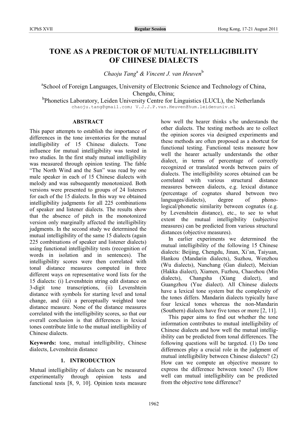 Tone As a Predictor of Mutual Intelligibility of Chinese Dialects