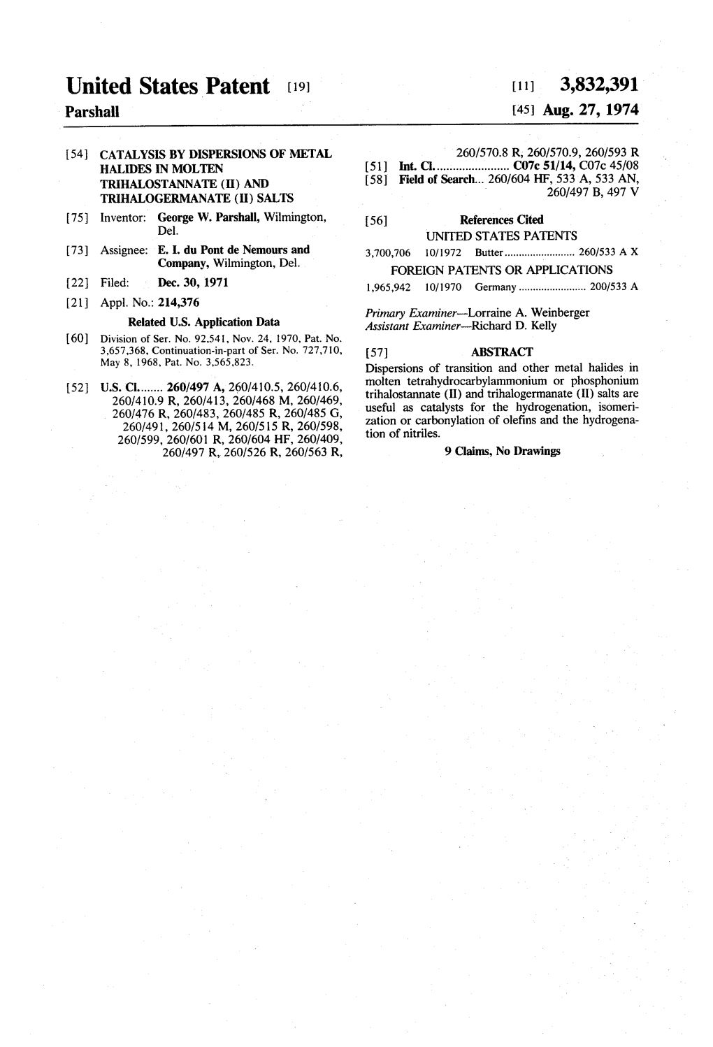 United States Patent (19) [11] 3,832,391 Parshall (45) Aug