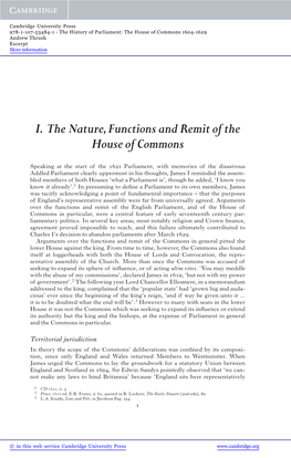 I. the Nature, Functions and Remit of the House of Commons