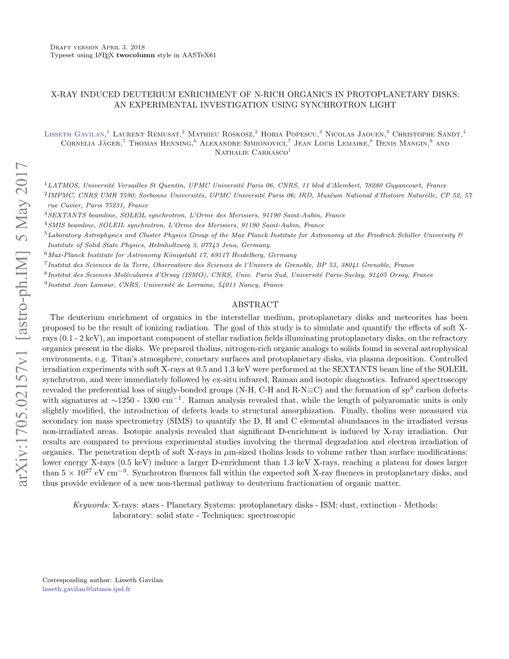 Arxiv:1705.02157V1 [Astro-Ph.IM] 5 May 2017 Thus Provide Evidence of a New Non-Thermal Pathway to Deuterium Fractionation of Organic Matter