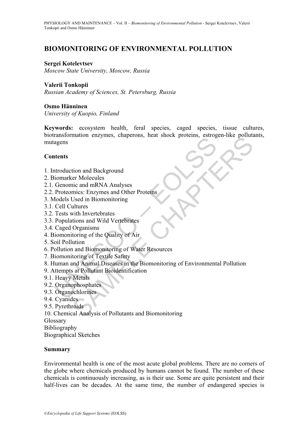 Biomonitoring of Environmental Pollution - Sergei Kotelevtsev, Valerii Tonkopii and Osmo Hänninen