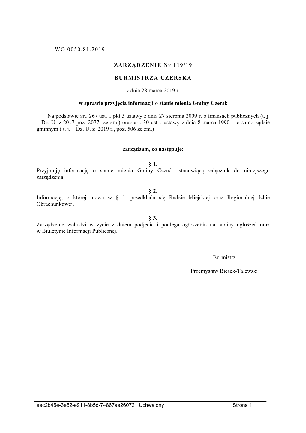 WO.0050.81.2019 ZARZĄDZENIE Nr 119/19 BURMISTRZA CZERSKA Z