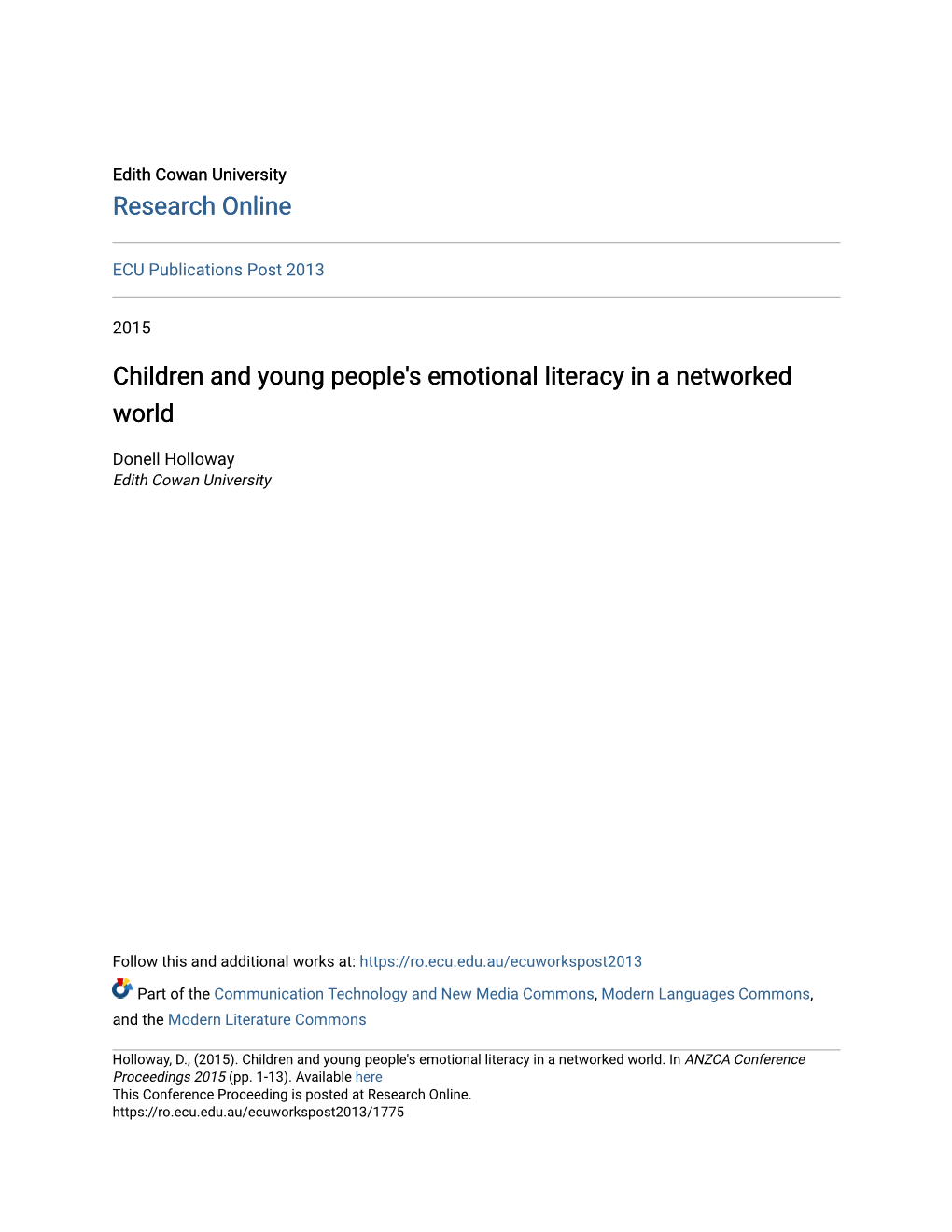 Children and Young People's Emotional Literacy in a Networked World