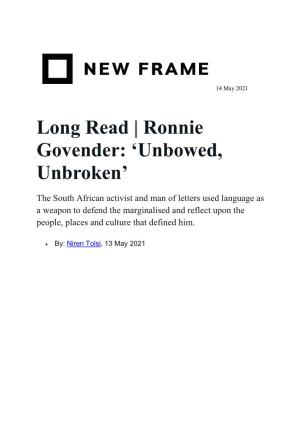 Ronnie Govender: 'Unbowed, Unbroken'