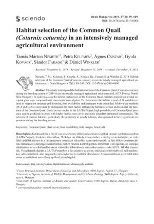 Habitat Selection of the Common Quail (Coturnix Coturnix) in an Intensively Managed Agricultural Environment