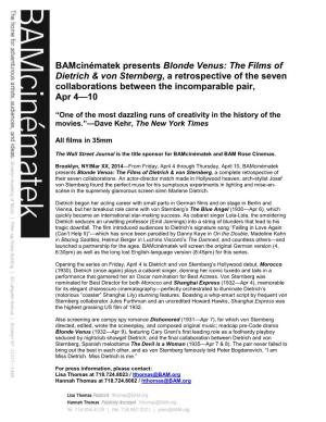 Bamcinématek Presents Blonde Venus: the Films of Dietrich & Von