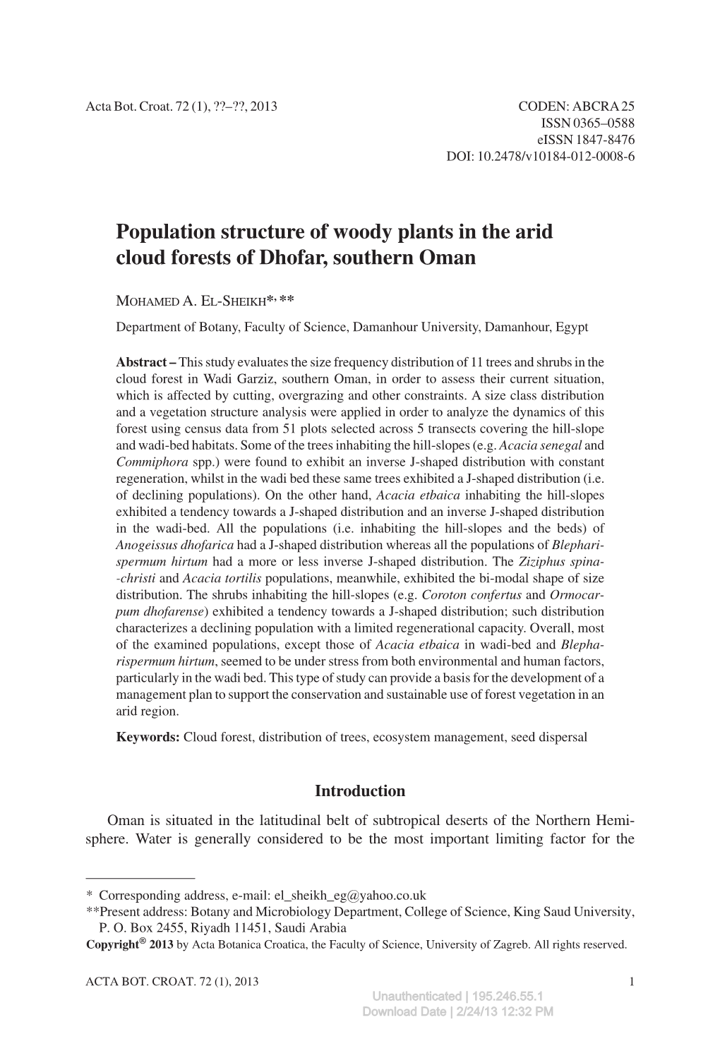 Population Structure of Woody Plants in the Arid Cloud Forests of Dhofar, Southern Oman