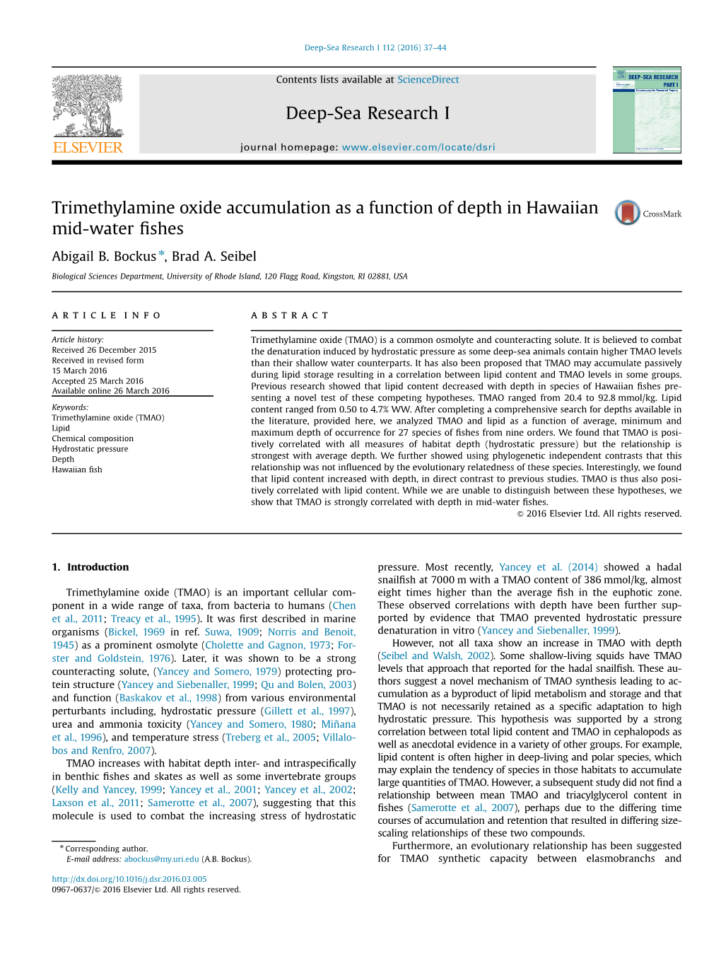 Trimethylamine Oxide Accumulation As a Function of Depth in Hawaiian Mid-Water ﬁshes