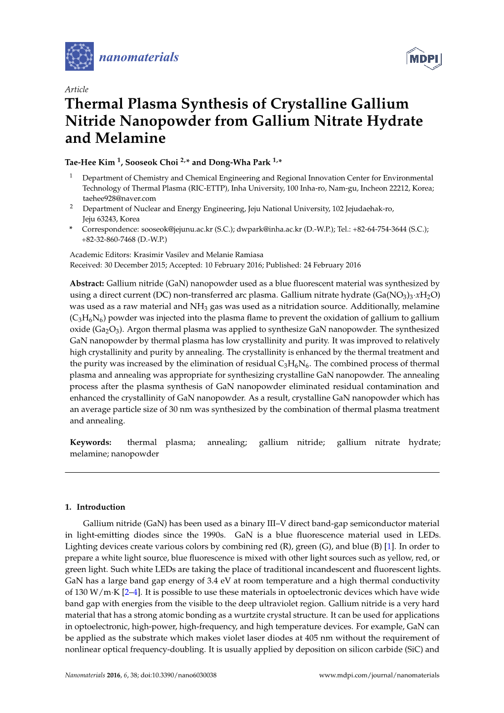Thermal Plasma Synthesis of Crystalline Gallium Nitride Nanopowder from Gallium Nitrate Hydrate and Melamine