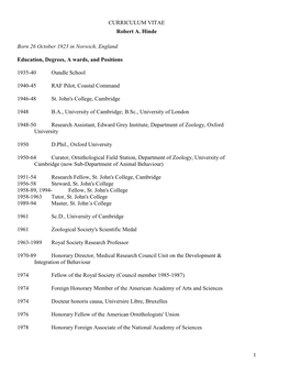 Robert Hinde Curriculum Vitae