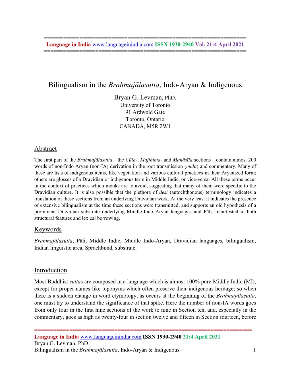 Bilingualism in the Brahmajālasutta, Indo-Aryan & Indigenous