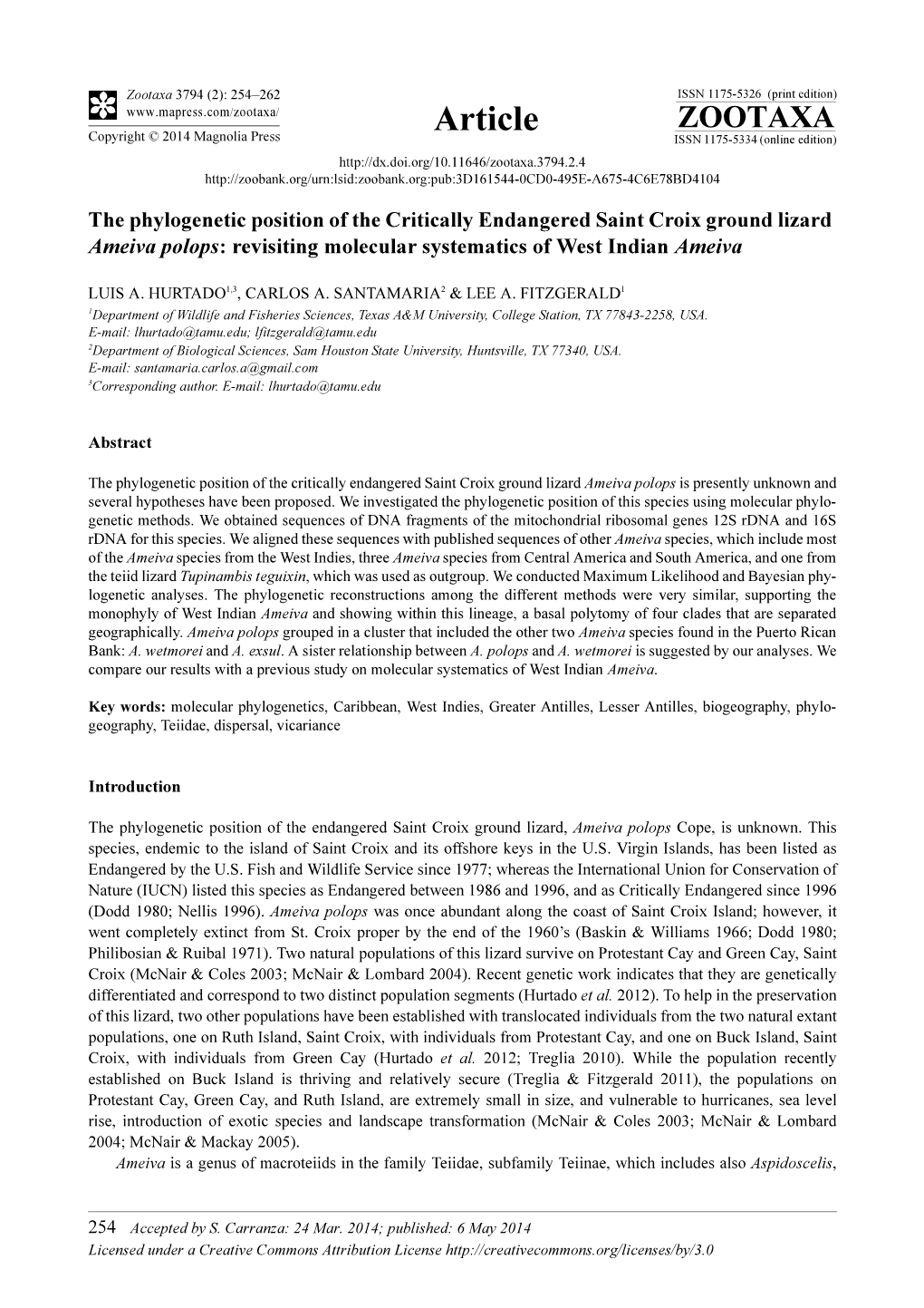 The Phylogenetic Position of the Critically Endangered Saint Croix Ground Lizard Ameiva Polops: Revisiting Molecular Systematics of West Indian Ameiva