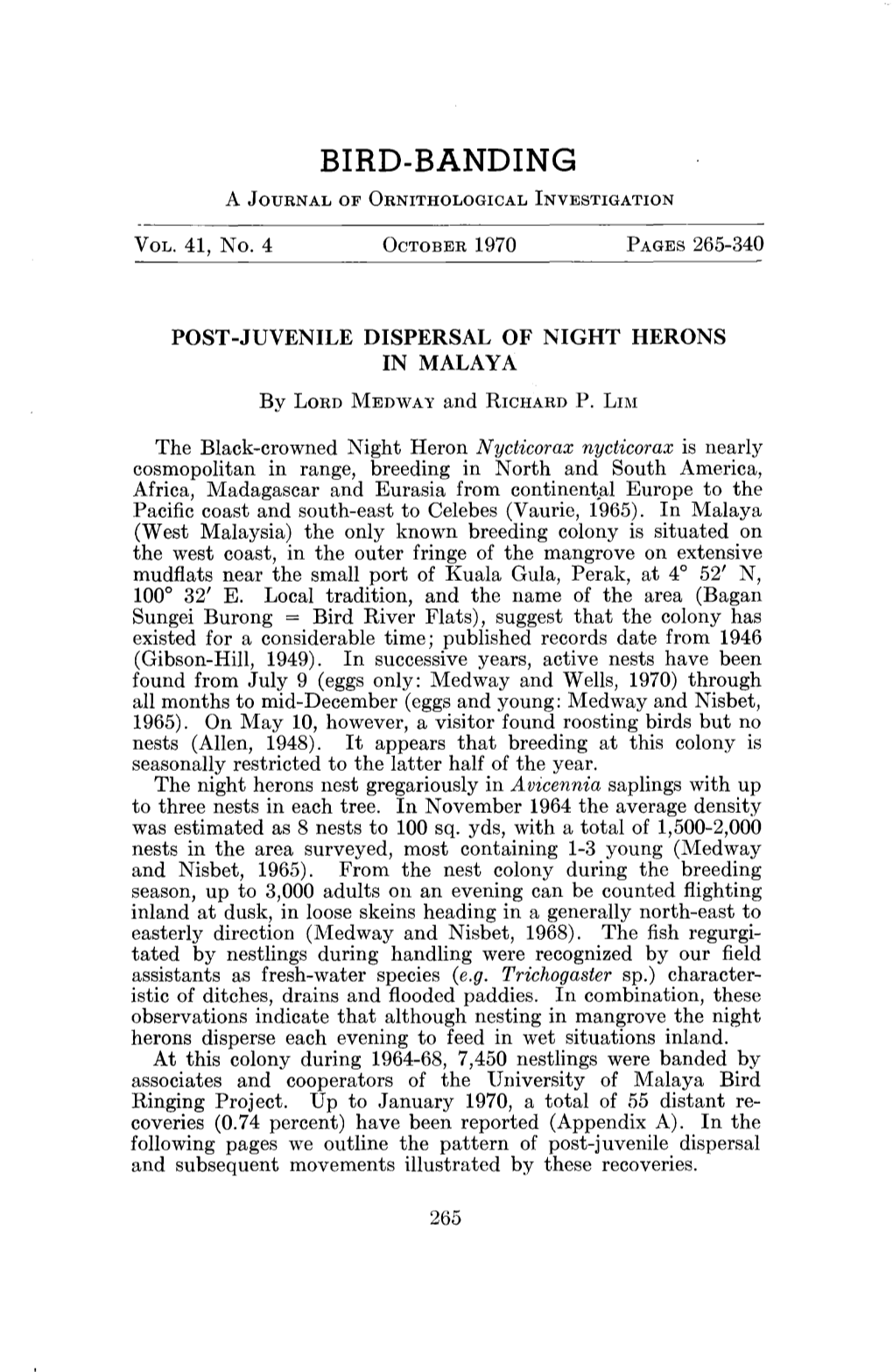 Post-Juvenile Dispersal of Night Herons in Malaya