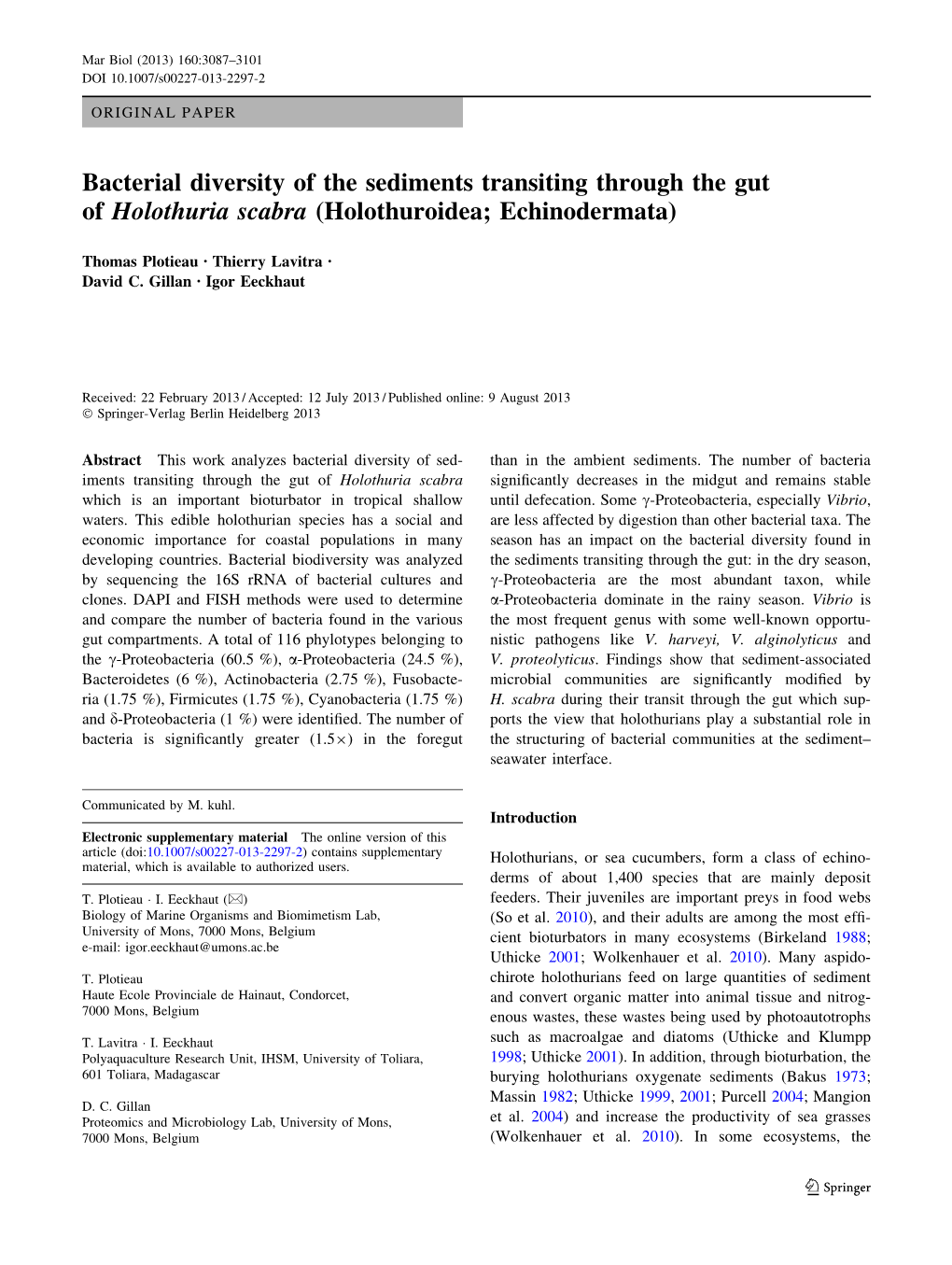 Bacterial Diversity of the Sediments Transiting Through the Gut of Holothuria Scabra (Holothuroidea; Echinodermata)