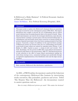 Is Hollywood a Risky Business? a Political Economic Analysis of Risk and Creativity James Mcmahon