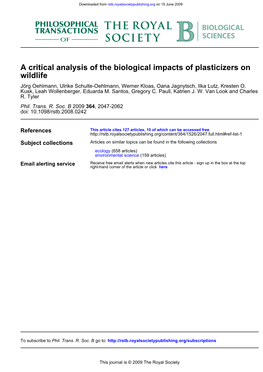 Wildlife a Critical Analysis of the Biological Impacts of Plasticizers On