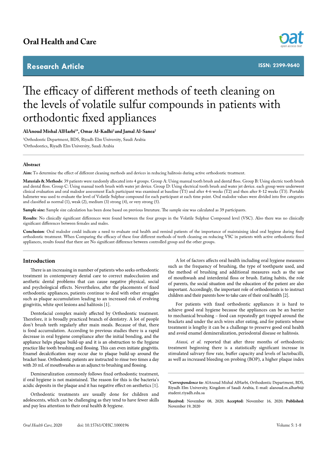 The Efficacy of Different Methods of Teeth Cleaning on the Levels of Volatile Sulfur Compounds in Patients with Orthodontic Fixe