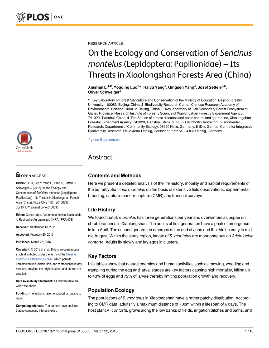 Sericinus Montelus (Lepidoptera: Papilionidae) – Its Threats in Xiaolongshan Forests Area (China)