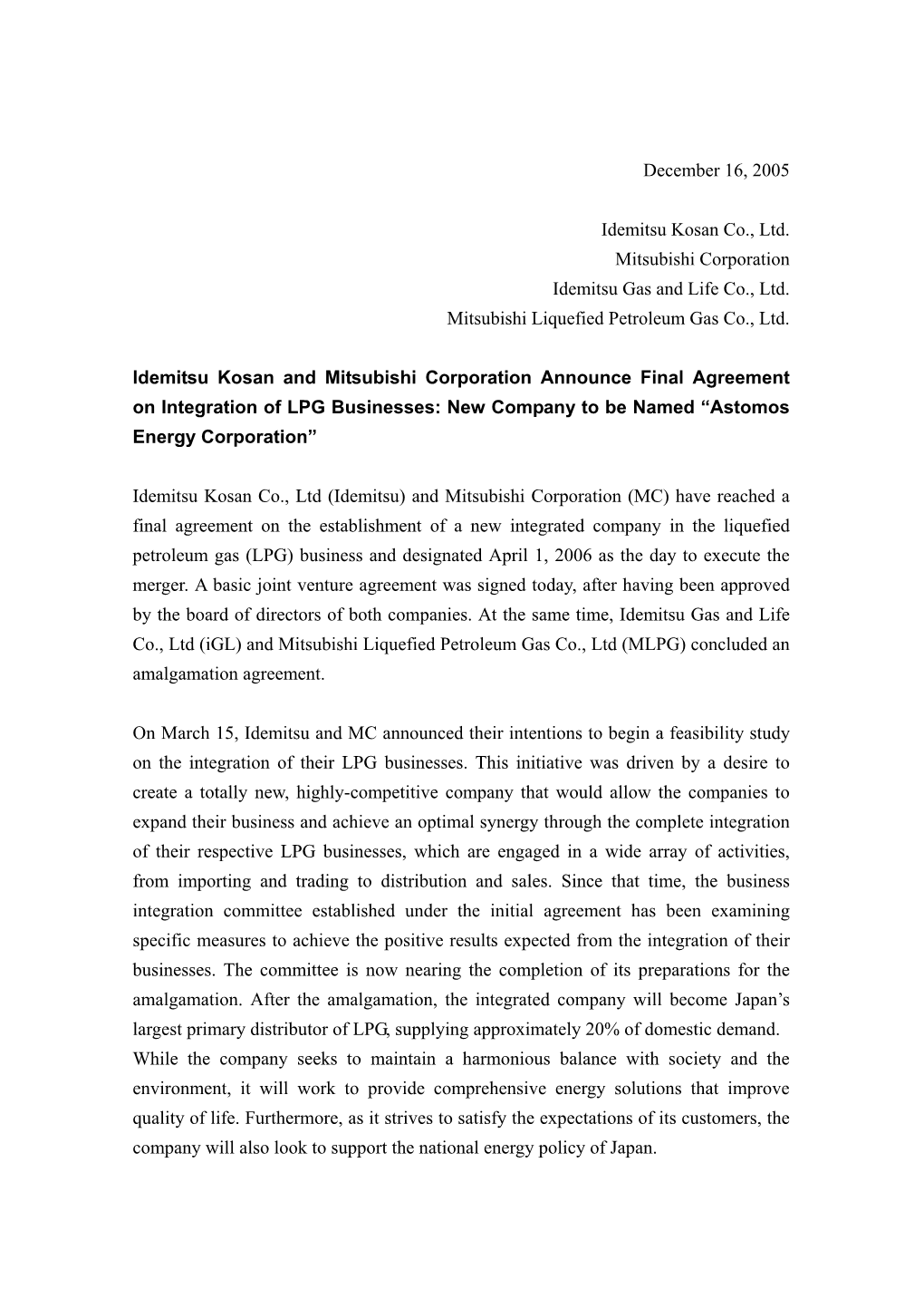 Idemitsu Kosan and Mitsubishi Corporation Announce Final Agreement on Integration of LPG Business:New Company To